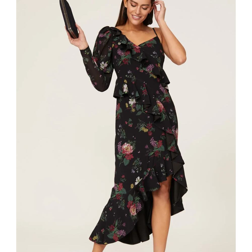 Amur Black Floral Chiffon Midi Dress SIZE 10 Cocktail Romantic Designer $600